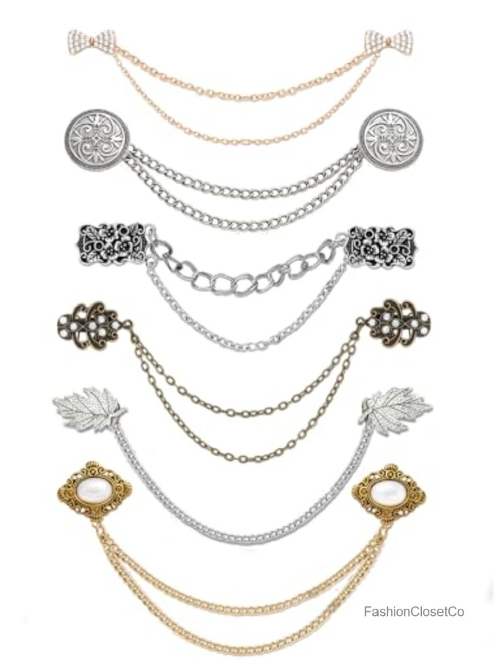 Vintage Sweater Shawl Chain Clips 6pc Rhinestone Pearl Brooch Pins Set